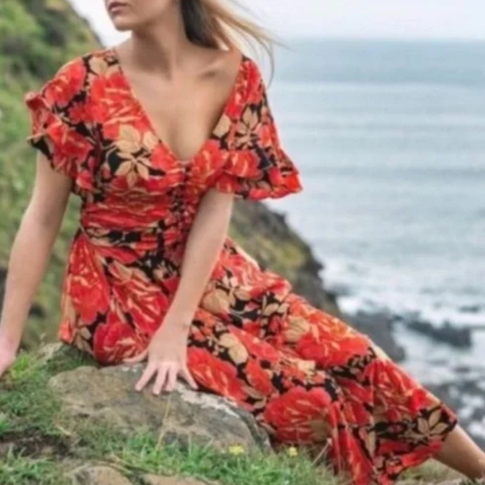 Anthropologie Abel The Label Vivid Dreams Milkmaid Floral Maxi Dress Red-Small